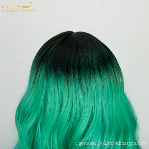 Vigorous Cheap Vendor Ombre Swiss Lace Synthetic Hair Wholesale Cosplay Long Curly Body Wave Green Black Women Lace Front Wigs